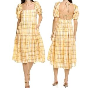 ASTR THE LABEL  Plaid Square Neck Puff Sleeve Tiered Midi Dress NWOT